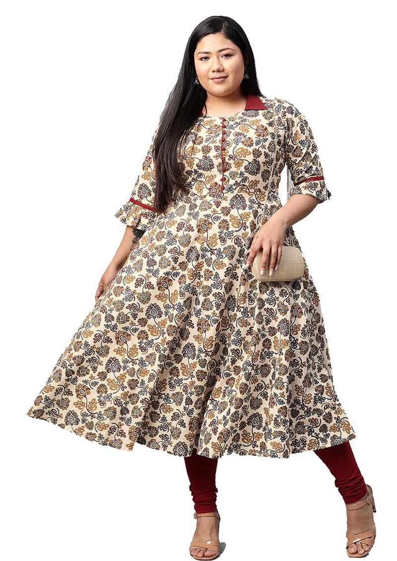 Yash Gallery Women's Cotton Floral Print Anarkali Kurta (Maroon) - Image 1